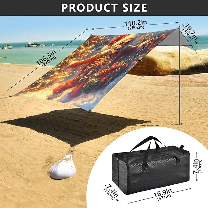 ALAZA Christmas Skull Beach Tent Sun Shelter UPF50+ Protection Beach Shade Canopy w/ 4 Sandbags for Outdoor Camping Fishing Backyard Fun Picnic 10x9 ft