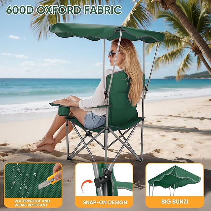 Northroad Folding Camping Chairs with Canopy Shade Beach Chair w/Cup Holders Armrests &amp Carry Bag for Outdoors Travel Sports Fishing Green