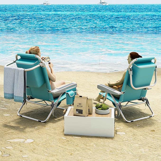 Tangkula Set of 4 Backpack Beach Chair 5-Position Lightweight Folding Lay Flat Beach Chairs with Storage Bag 2 Cup Holders Towel Bar Backpack Straps