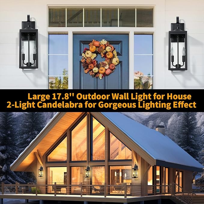 18'' Large Outdoor Light Fixture 2 Packs Black Porch Lantern Wall Mounted Waterproof 2-Light Exterior Lighting Fixtures with Clear Tempered Glass Modern Sconce Outside Lights for House Patio Garage