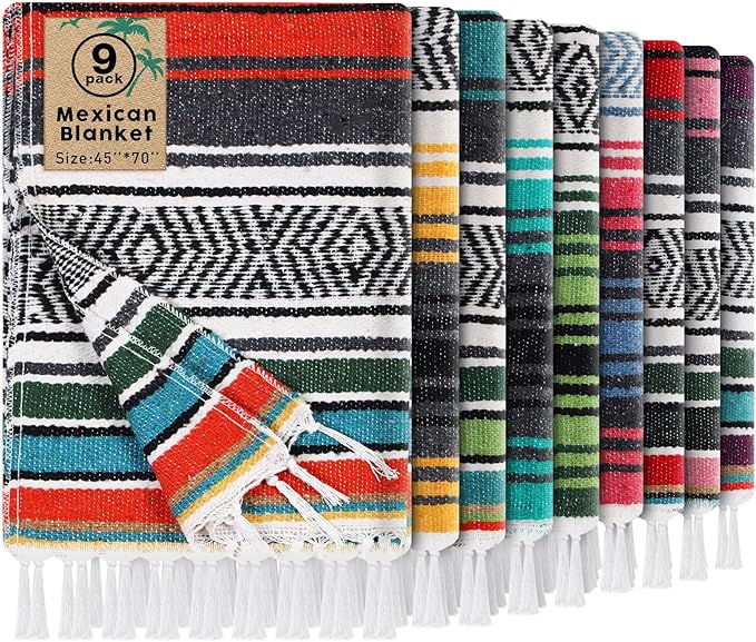 Peryiter 9 Pcs Mexican Blanket Bulk Large Yoga Blanket Striped Falsa with Fringed for Outdoor Beach Picnic Couch 45 x 70 inch (Retro Colors)