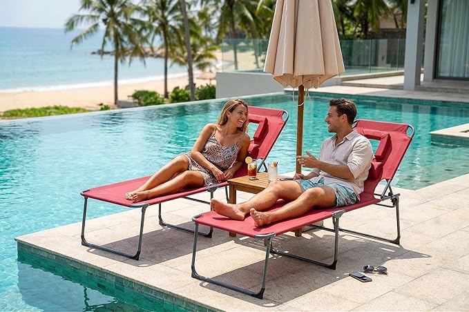 Tanning Chair with Face Hole Folding Beach Lounge Chair 5-Position Adjustable Backrest Face Down Chaise Lounge with Pillow and Side Pocket Portable for Poolside Patio Backyard Beach Red