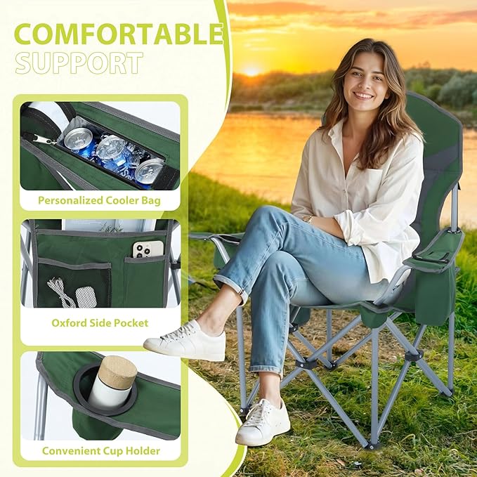 Nice C Camping Chair Portable Chair Lawn Chairs Outdoor Chairs with Armrest Cooler Bag Cup Holder Side Pocket for Camping Traveling Picnic (Green&ampGrey 1-Pack)