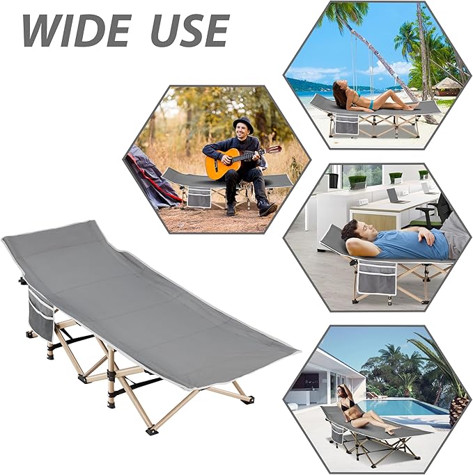 Folding Camping Cot for Sleeping Portable Cots for Adults Heavy Duty Cot Bed 550LBS(Max Load) Extra Wider Cots with Large Pocket for Outdoor Office Beach