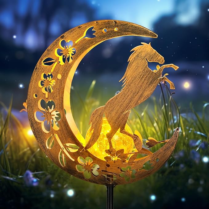Solar Lights Outdoor Waterproof - Moon &amp Horse Landscape Lighting Weatherproof SolarGarden Stakes with 8-10H Auto On/Off Decorative Pathway Markers for Driveway/Walkway/Equestrian Farms