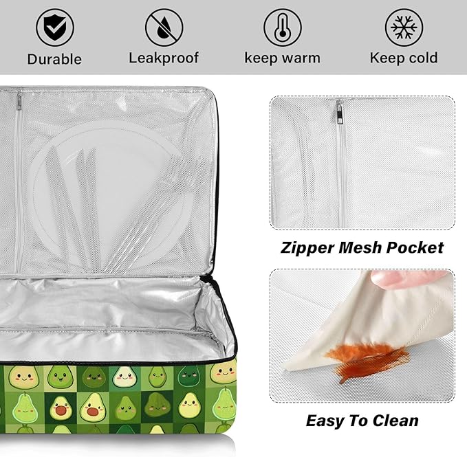 Casserole Carrier Pattern Cute AvocadoInsulated Casserole Carrier for Hot or Cold Food Thermal Lunch Tote for Potluck Parties Picnic Beach Fits 9 x 13 Inches Baking Dish