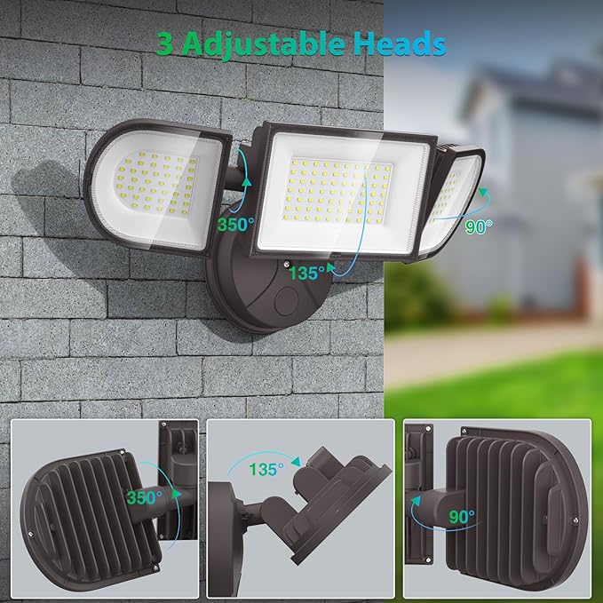 iMaihom 100W Flood Lights Outdoor 9000LM Ultra Bright Security Lights 3 Adjustable Heads Flood Lighting IP65 Waterproof 6500K Switch Controlled Floodlight for Yard Garage Court (Brown)
