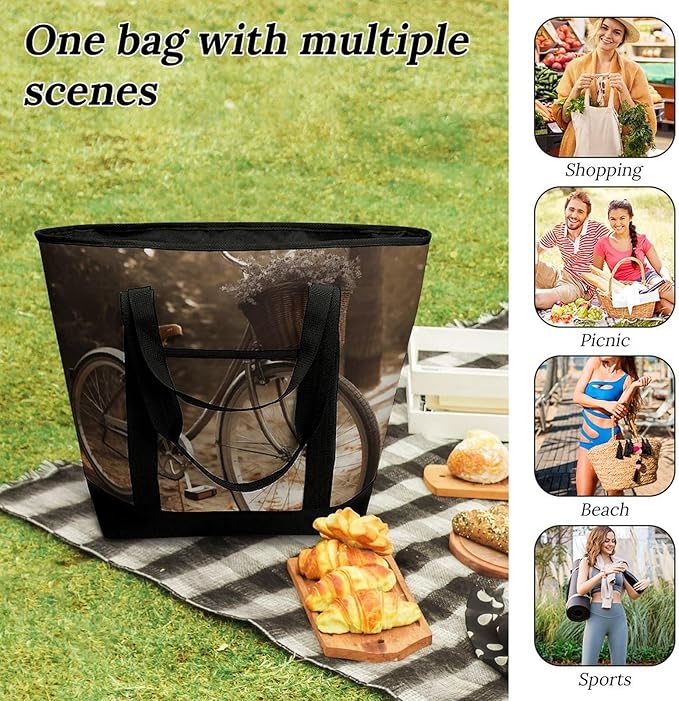 Insulated Shopping BagLarge Reusable Cooler Bags Bicycle Printed Foldable Shopping BagTravel Waterproof Shoulder Bag