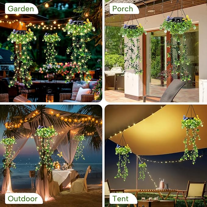 Solar Hanging Garden Lights for Spring Summer 2 Pack 66 LEDs Realistic Flower Vine Fairy String Lights IP65 Waterproof Outdoor Decor for Garden Patio Fence 8-12 Hrs Auto Lighting Mother‘s Gift