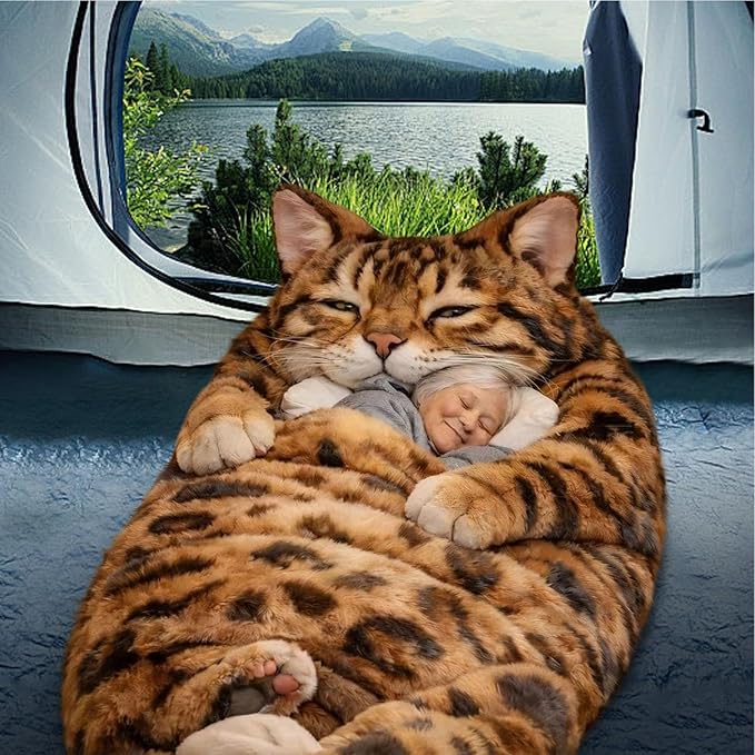 Cat Shaped Sleeping Bag 175x80cm Warm Cute Cat Design Washable Fabric and Velvet for Adults Cold Weather Camping Travel Outdoor Nap Indoor