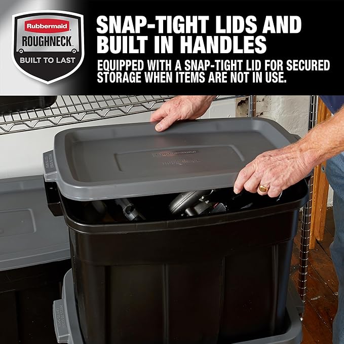Rubbermaid 18 GAL 6 Pack Garage Storage Bins with Stackable Lid Heavy Duty - Made in USA - Extreme Temperature Resistant Durable Plastic Containers with Handles - Solid Black and Grey