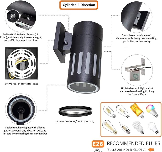Dusk to Dawn Sensor Outdoor Wall Sconce Exterior Lighting -ETL Listed Aluminum Anti-Rust Waterproof Wall Mount Cylinder Light 1-Direction Up or Down Light Fixture for PorchPatio or Doorway