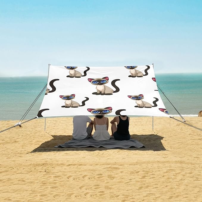 Cute Siamese Cat Camping Sun Shelter Beach Tent Portable Beach Sun Shade Outdoor Canopy for Camping Trips Fishing Picnic