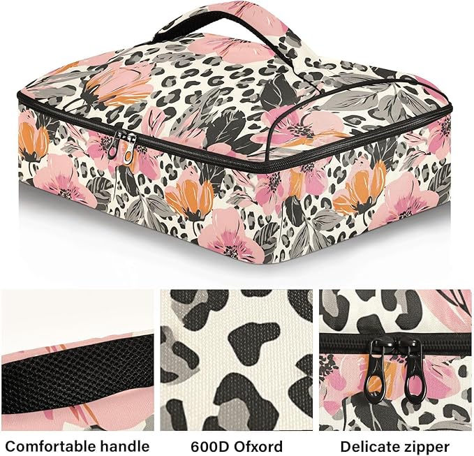 Casserole Carrier Pink and Orange FlowerInsulated Casserole Carrier for Hot or Cold Food Thermal Lunch Tote for Potluck Parties Picnic Beach Fits 9 x 13 Inches Baking Dish