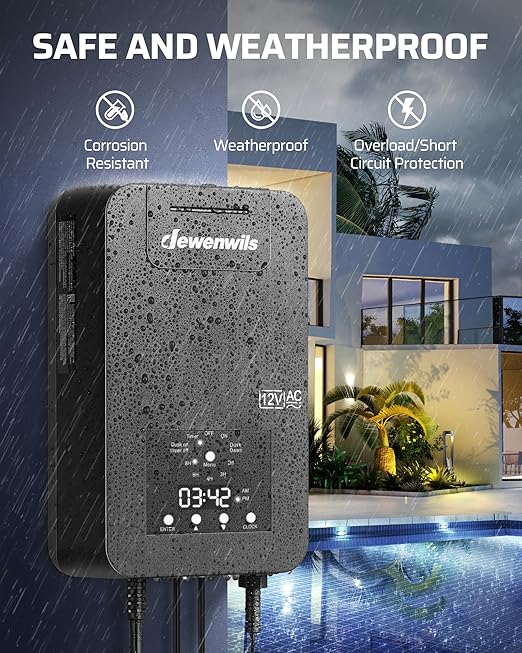 DEWENWILS 300W Low Voltage Landscape Transformer with Photocell Sensor &amp Timer 120V AC to 12V/14V AC Weatherproof Outdoor Landscape Lighting Transformer for Garden Lights Spotlights Steplights