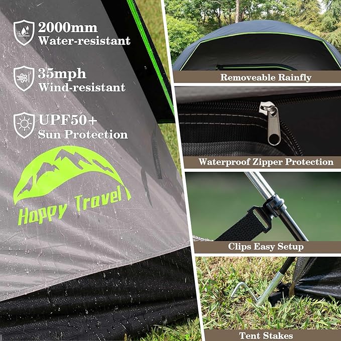 Happy Travel Camping Tent 4/6 Person Dome Tents for Camping with Rainfly Waterproof Clip Easy Setup Portable Family Tent with Mesh Windows 20% More Headroom Backpacking Tents for Camping &amp Hiki