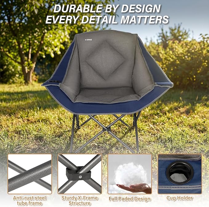 CAMPHILL Folding Camping ChairOversized Portable Camping Chair with Cup HolderHeavy Duty Padded Lawn Chair for Camping Tailgates Beach and Sports