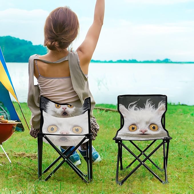 Cartoon Funny LaPerm Cats Fear Foldable Camp Chairs for Adults Heavy Duty Ultra Lightweight Beach Chair Backpack Carry Bag Included Ice Fishing Chair for Camping Lawn
