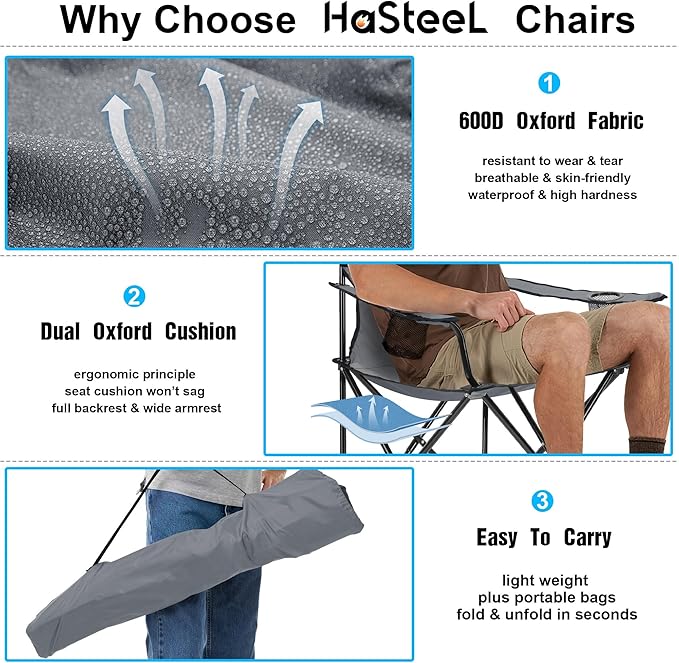 HaSteeL Camping Chair for Adults Folding Beach Chair Set of 2 Large Foldable Portable Chair for Outdoors Fishing Hiking Sporting Travel Picnic Lawn Hold 275lbs &amp A Storage Bags (Grey)