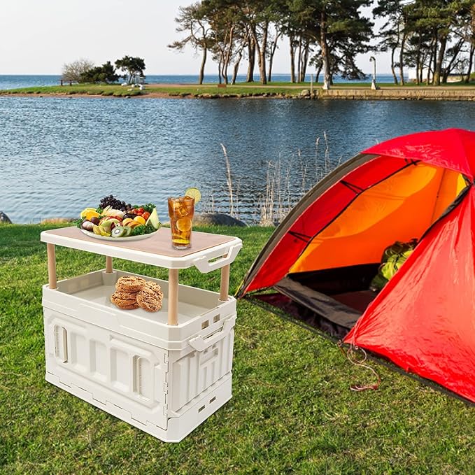 PP Folding Storage Boxes Outdoor Portable Camping Storage Box Folding Box Table Equipment Camping Organizer for Trunks Study Rooms (White)