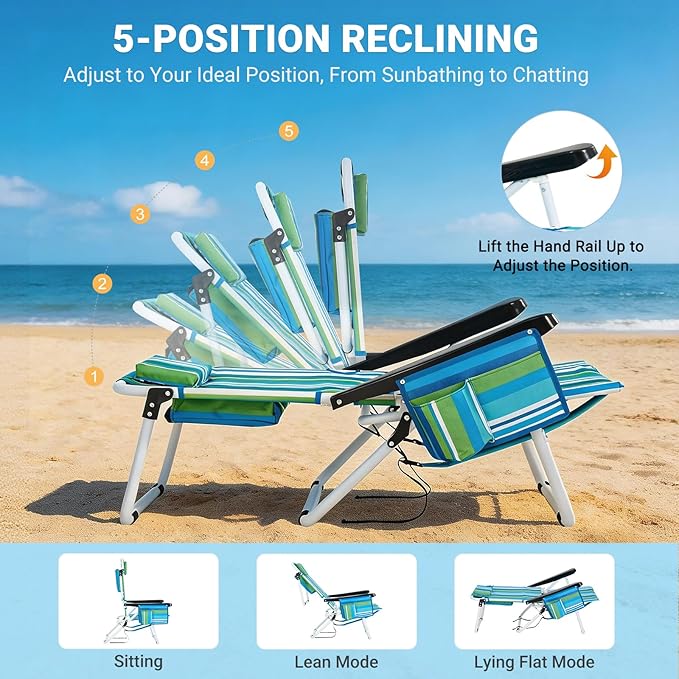 Beach Chair for AdultsPortable 5 Position Backpack Beach Chair Reclining Lay Flat Lightweight Folding Camping Chair w/Large Cooler PouchSupport to 350LBSBlue Low Hight