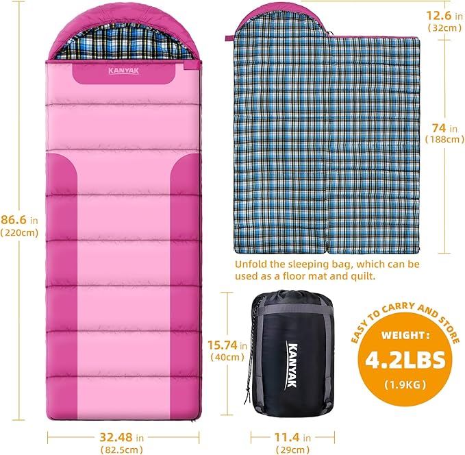 Cotton Flannel Lined Sleeping Bag for Adults Teens Kids Cold Weather &ampWarm 3 Seasons Lightweight Compact Camping Essentials Equipment Hiking Outdoor Travel