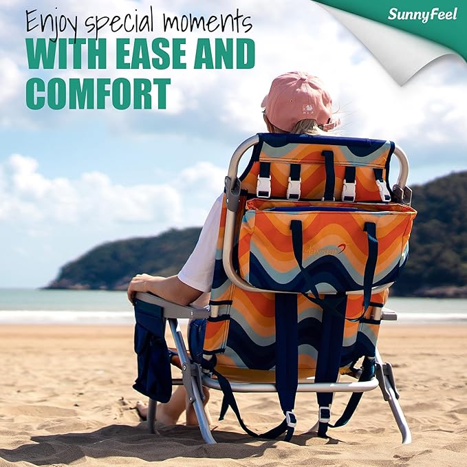 SUNNYFEEL Beach Chairs for Adults 2 Pack 5 Position Lay Flat Portable Folding Backpack Beach Chair Heavy Duty with Cooler Bag Cup Holder for Outdoor/Lawn/Picnic Foldable Camping Chair