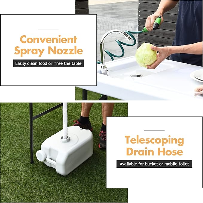 Fish Cleaning Table with Sink Portable Camping Table w/Flexible Faucet &amp Sprayer Drainage Hose Hook Up Outdoor Fish Cleaning Station for Garden Backyard Kitchen (with Sprayer)