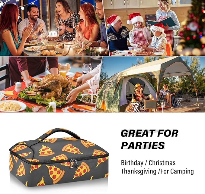 Fries Pizza Black Pattern Insulated Casserole Carrier for Hot or Cold Food Thermal Lasagna Holder Tote Casserole Dish Carrier Bag for Potluck Picnic Camping Parties Fits 9x13 Baking Dish