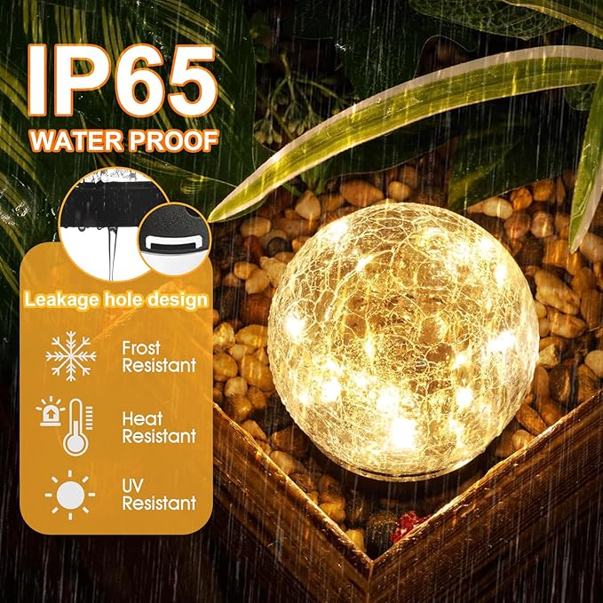 Solar Globes Outdoor Waterproof 4.88''Cracked Glass Solar Lights Outdoor Bright Up to 14HIP65 Waterproof Globe Light for WalkwayPatioLandscapePathGarden Warm White (4)
