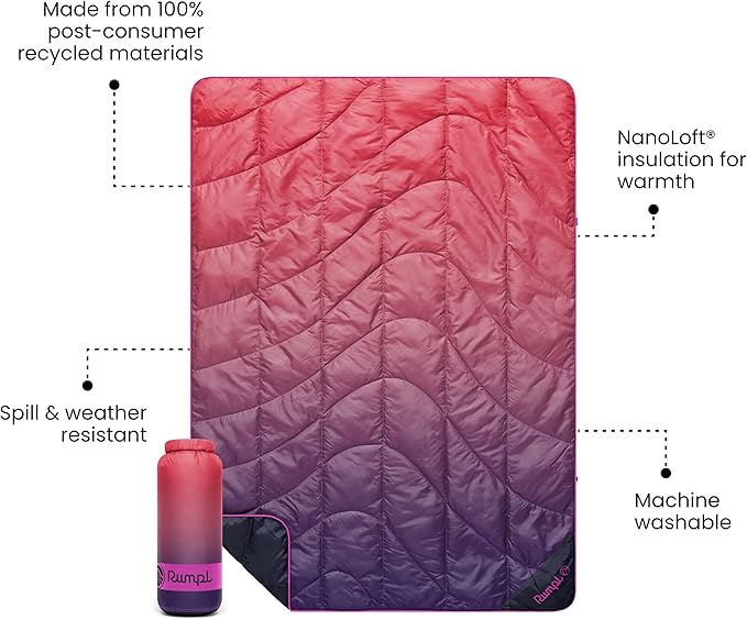Rumpl Travel Puffy Blanket Ultra-Packable Travel-Size Warmth and Comfort Berry Fade