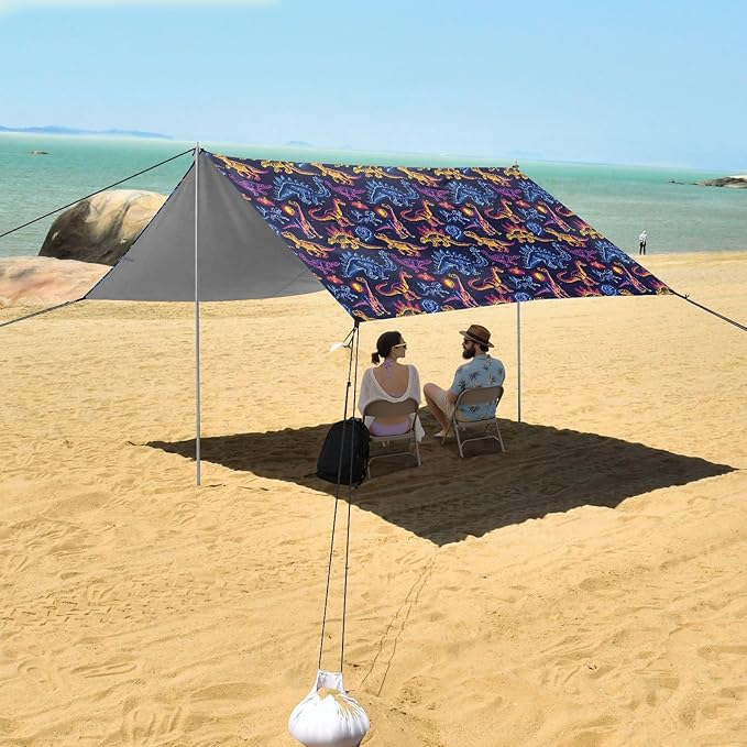 ALAZA Dinosaur Dino Neon Beach Tent Sun Shelter UPF50+ Protection Beach Shade Canopy w/ 4 Sandbags for Outdoor Camping Fishing Backyard Fun Picnic 10x9 ft