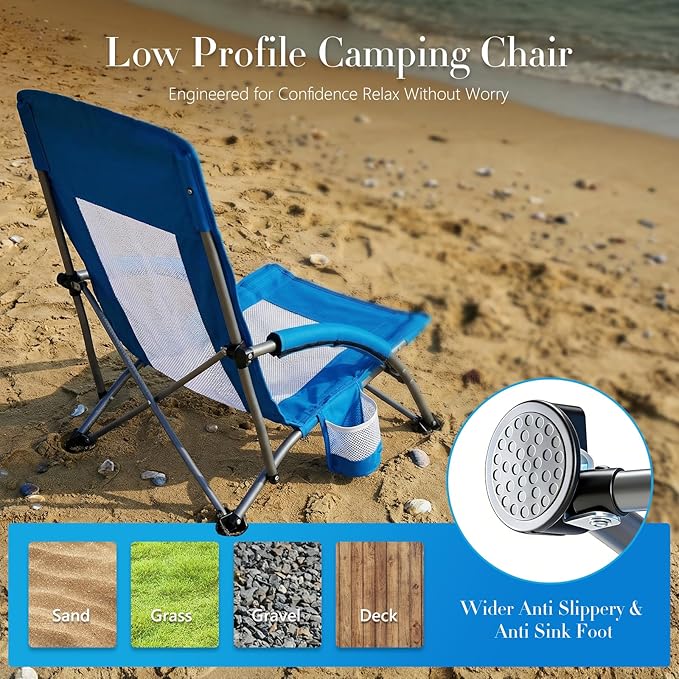 DUMOS Low Beach Chair for Adults Lightweight Folding Beach Chair with Cup Holder Storage Bag Breeze Mesh Back Padded Armrests Compact Low Profile Chair for Camp Picnic Lawn Sand