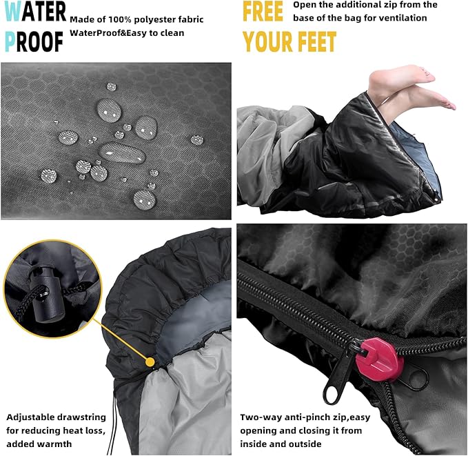 Sleeping Bag for Adults Girls Boys - 3 Season Warm &amp Cool Weather Lightweight Waterproof Camping Bag for Hiking Outdoor Travel