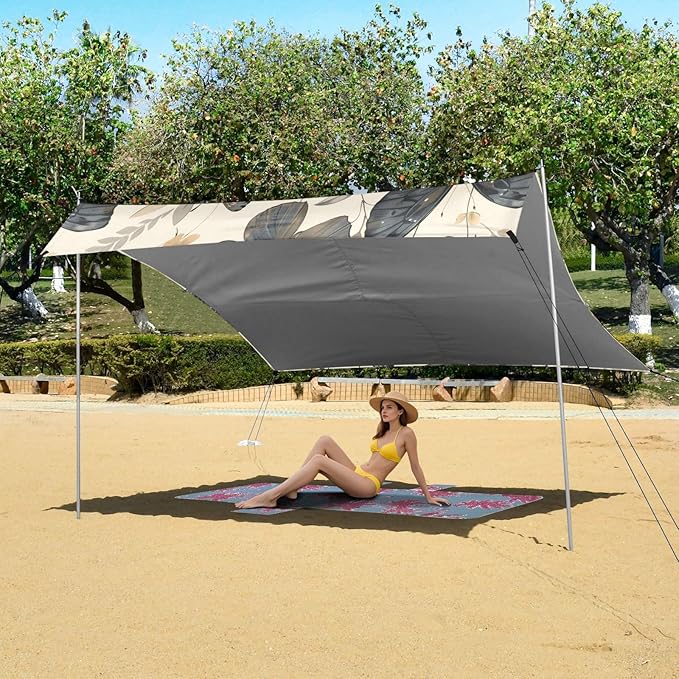 Butterflies Beige Pattern Beach Tent Sun Shelter 9.2' x 10.5' Beach Canopy with 4 Sandbags 4 Stability Poles Sand Shovels - Tent Canopy for Beach Camping Fishing Picnics