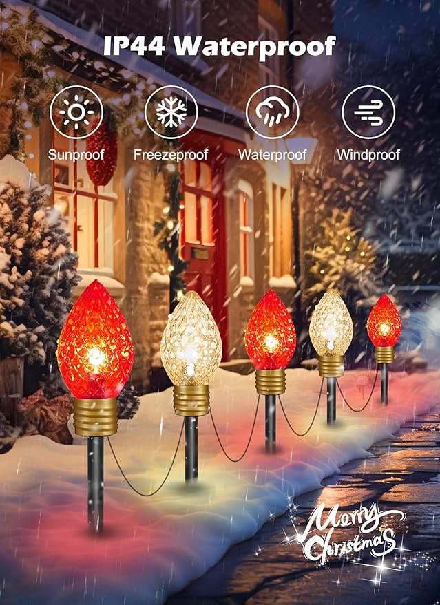 Brightown Strawberry Jumbo C9 Christmas Pathway Lights Outdoor - 2 Pack Total 17 Feet 10 LED Jumbo C9 Walkway Lights Christmas Light Outdoor Decorations for Lawn Yard Holiday Red &amp Warm White