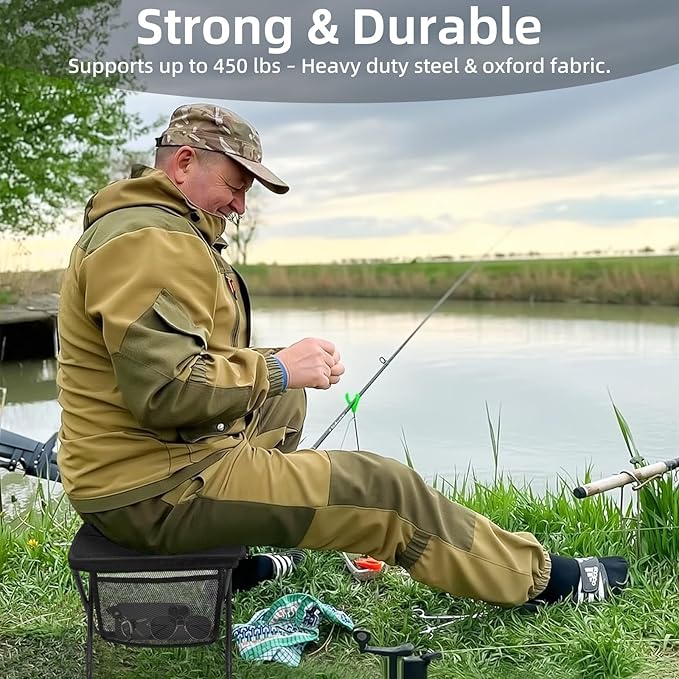 Portable Folding Camp Stool with Side Pocket Taller Foldable Camping Stool for Adults Metal Backpacking Stool Lightweight Mini Folding Chair Compact Camping Seat Travel Fishing Hiking Mobile Chair