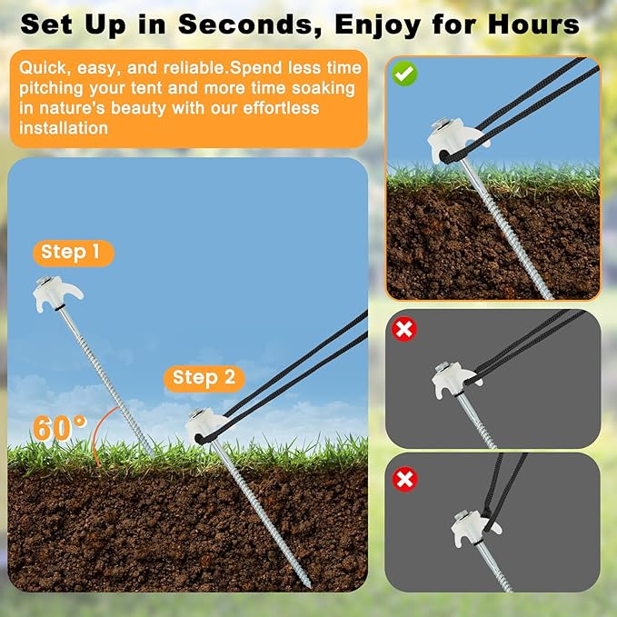 30 Pack 8 Heavy Duty Tent Stakes Screws- Glow in The Dark Metal Tent Stakes-Drill in Style Ground Anchor Screw in Pegs for Camping Patio Garden Awning Canopy Grassland Comes with Hexagon Head Drive
