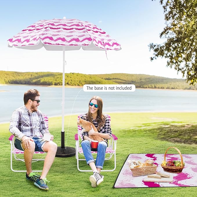 GYMAX Beach Chair with Umbrella Set of 4 Including 2 Folding Chairs Blanket Adjustable Parasol &amp Carry Bag Camping Chairs with Sunshade for Beach Patio Poolside Deck Lawn Picnic