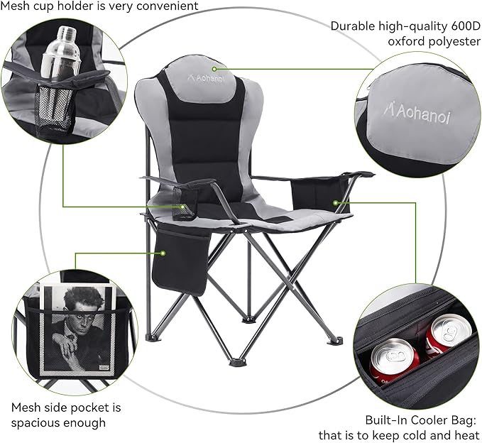 2 Pack Camp Chairs for Heavy People Outdoor Folding Camping Chairs with Cup Holder &amp Cooler Bag for Outside Supports up to 300lbs (2 Pcs Black)