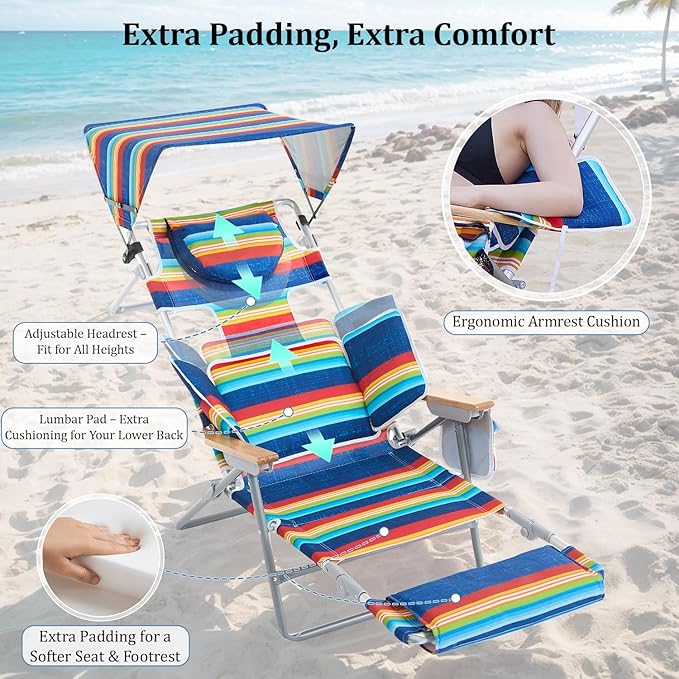 70'' Extra Long Beach Lounge Chair Tanning Chair with Canopy &amp Face Holes &amp Arm Holes &amp Storage Pocket Adjustable Foldable Recliner with Carry Strap (2 Rainbow)