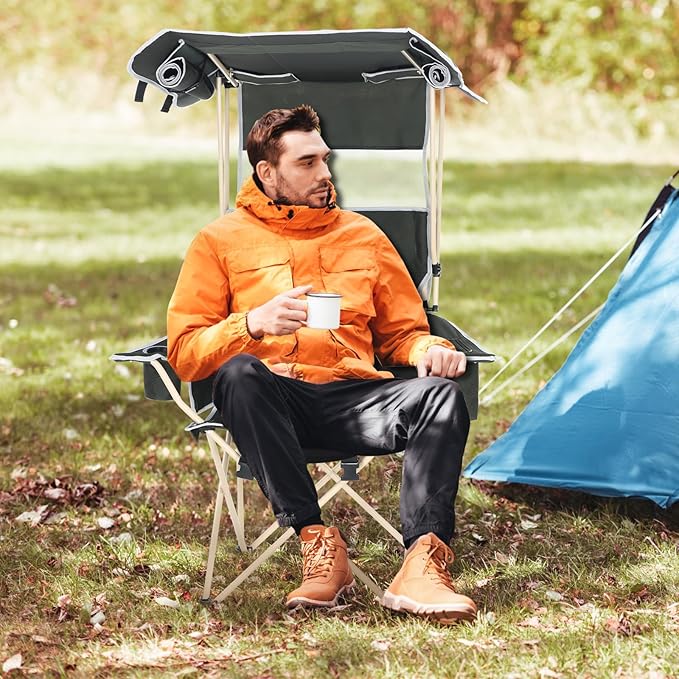 Camping Chair with Canopy Sports Chairs for Adults Canopy Chair with Removable Footrest Ice Fishing Chair with Cupholder Cooler Heavy Duty for Outdoor Activities(1 Pack)