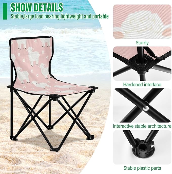 FRODOTGV Foldable Heavy Duty Camping Chairs Cute Sheep Pattern Beach Chair Backpack Lightweight Backpacking with Carrying Bag