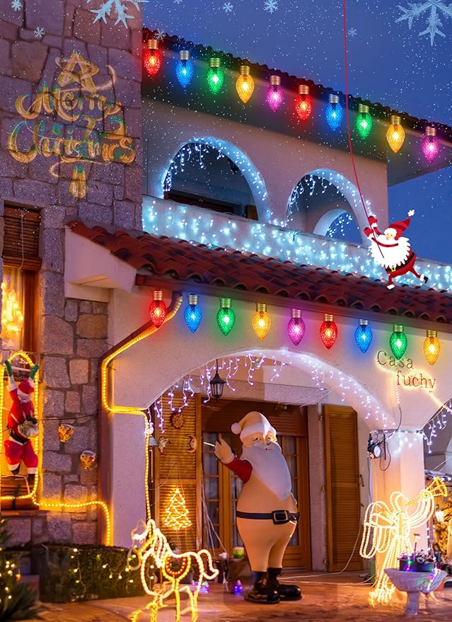 Brightown Strawberry Jumbo C9 Christmas Pathway Lights OutdoorChristmas Outside Decoration Lawn8.5Ft 5 LED String Lights Covered Jumbo Multicolored Walkway Light Bulb for Holiday Outside Yard Decor
