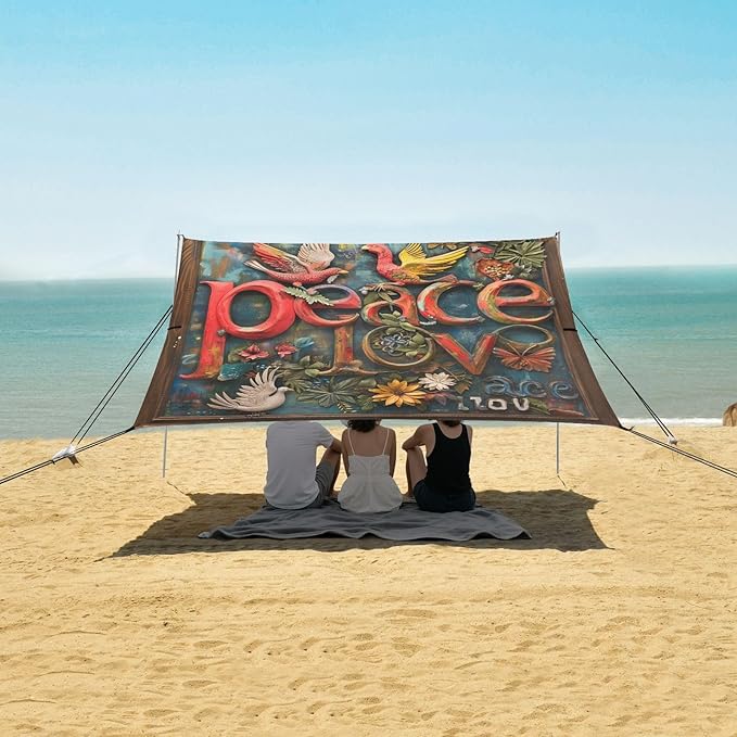 ALAZA Peace and Love Dove Beach Tent Sun Shelter UPF50+ Protection Beach Shade Canopy w/ 4 Sandbags for Outdoor Camping Fishing Backyard Fun Picnic 10x9 ft