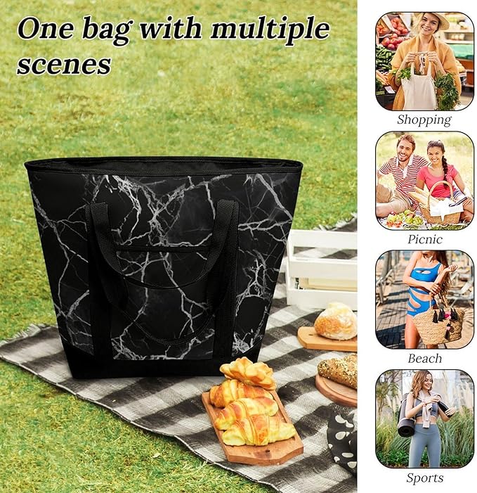 Insulated Shopping BagLarge Reusable Cooler Bags Black Marble Printed Foldable Shopping BagTravel Waterproof Shoulder Bag