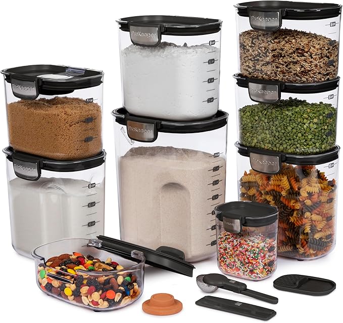ProKeeper+ Airtight Food Storage Container Set – Clear Plastic Flour and Sugar Canister Set with Magnetic Accessories for Kitchen Organization (Black 13-Piece)
