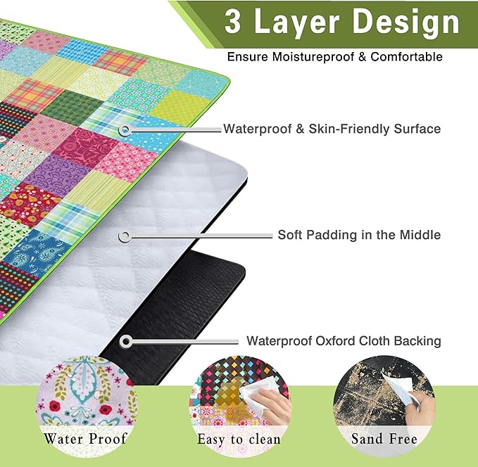 Extra Large Picnic Blankets Waterproof Foldable (80x 80) Boho Beach Blanket Waterproof Sandproof3-Layer Thicking Mat Outdoor Packable Camping Blanket