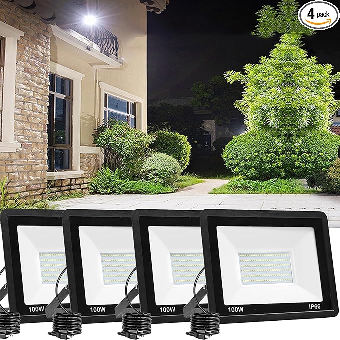 4 Pack 100W LED Flood Light Outdoor10000LM Bright Work Spotlight Plug in6000K Daylight WhiteIP66 Waterproof Exterior Security Floodlights for YardGardenBackyardPatioStadiumParking Lot