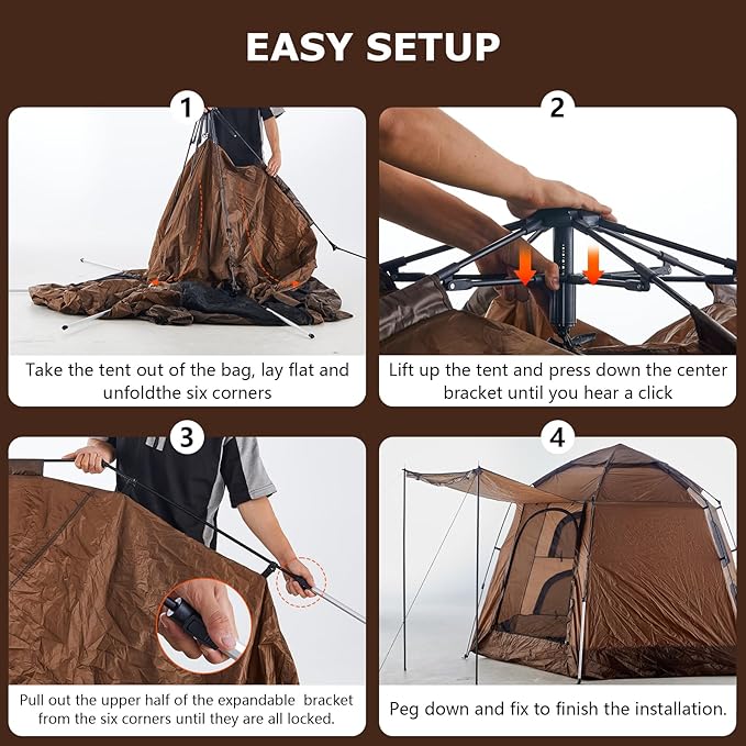 TUKAILAI Instant Camping Tent Hexagonal Design Automatic Dome Tent with 4 Mesh Windows and 1 Door Easy Setup Pop Up Tent with Vestibule &amp Rainfly